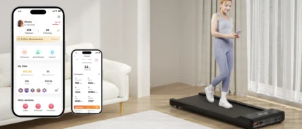 A woman on a walking pad in her living room.
